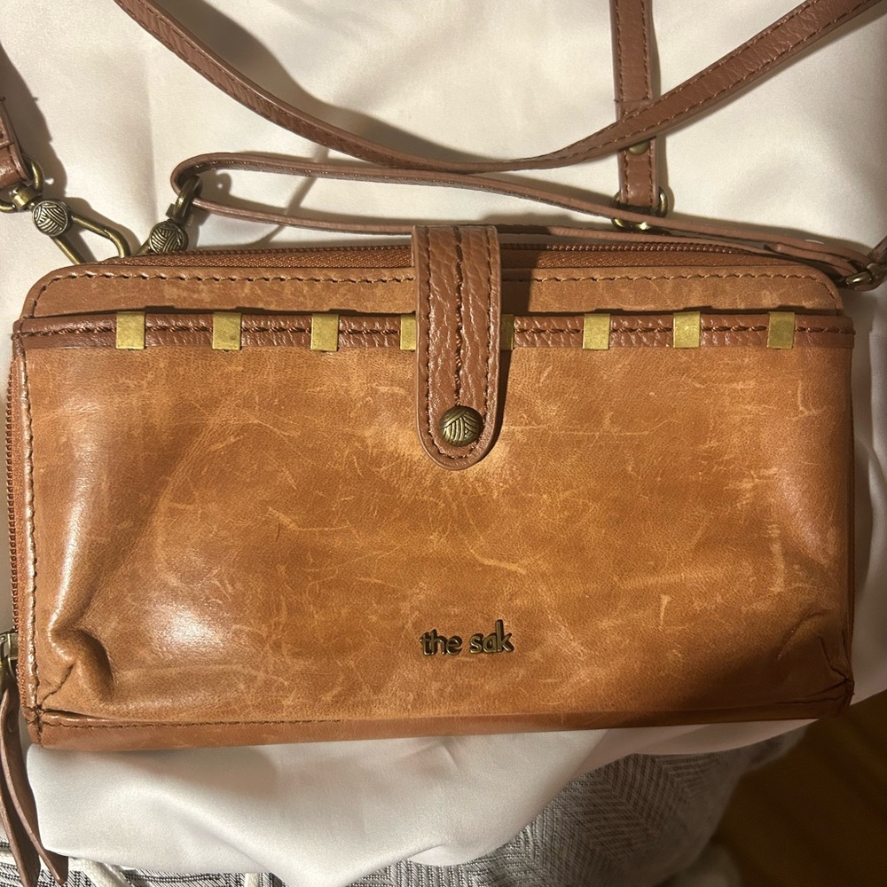 The Sak Brown Leather Crossbody Bag with Gold Accents